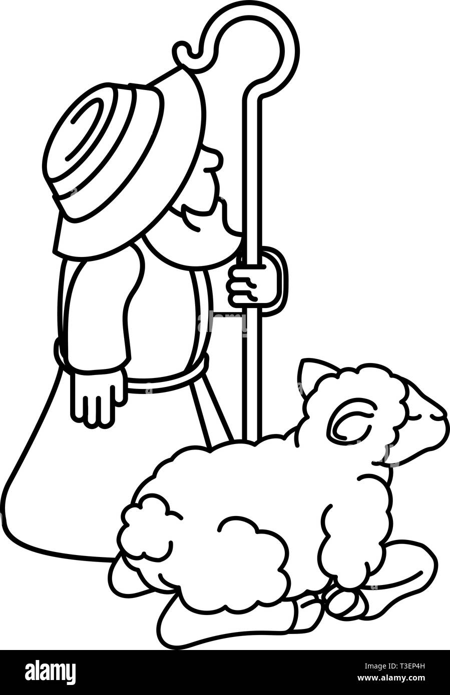 Cartoon Traditional Shepherd and Sheep or Lamb Stock Vector