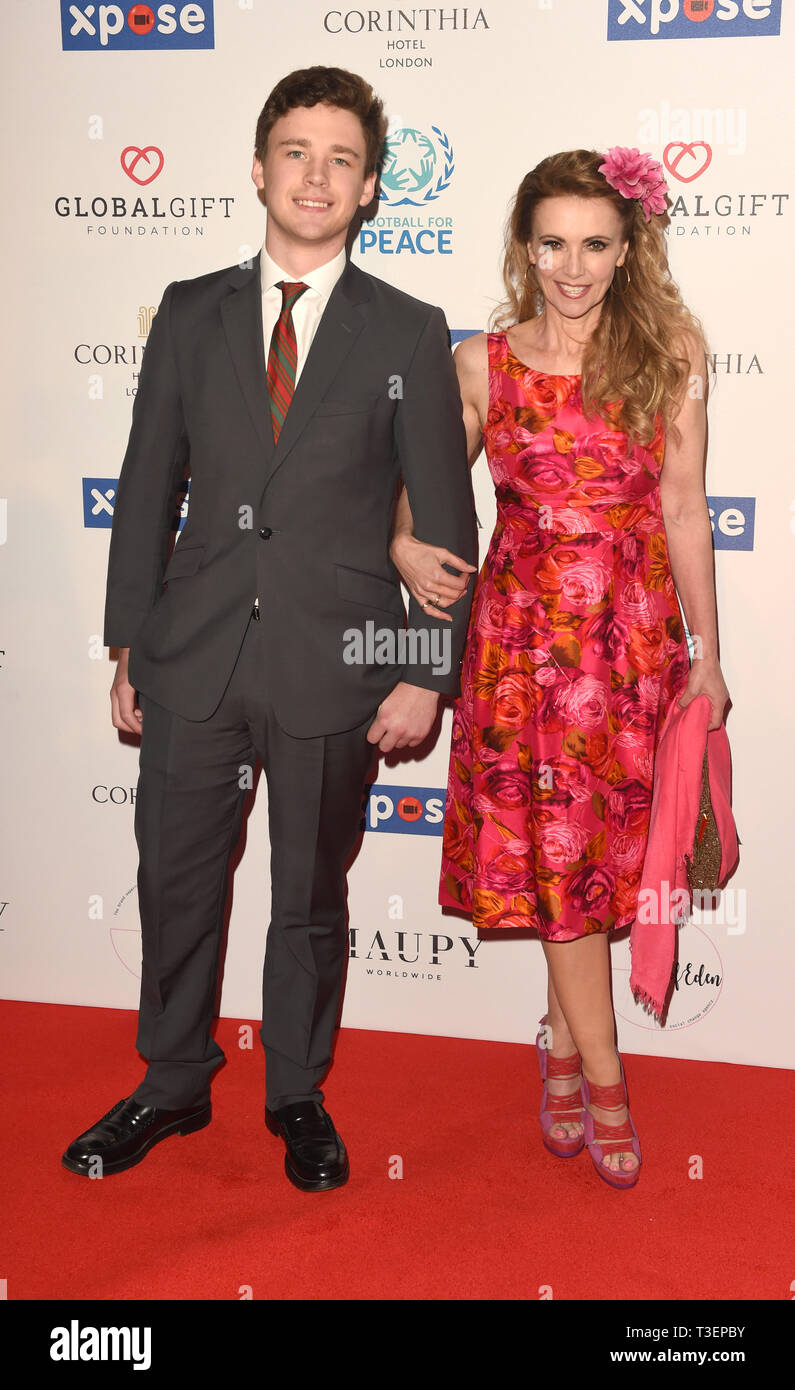 Photo Must Be Credited ©Alpha Press 079965 08/04/2019 Emma Samms and Son Cameron Holloway at the Football for Peace initiative dinner by Global Gift Foundation at The Corinthia Hotel London Stock Photo