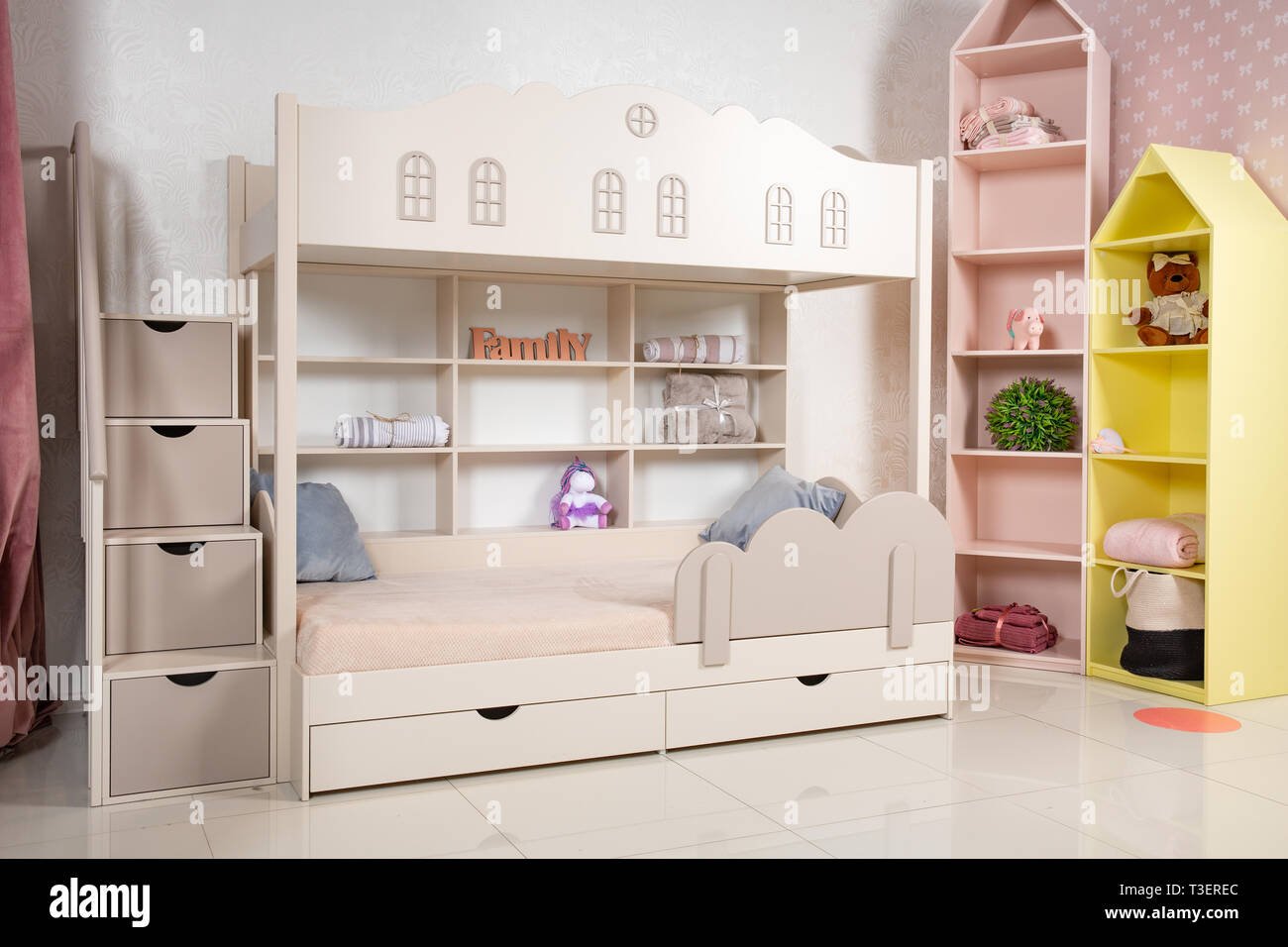 Interior of children room with bunk bed. unisex room for two children