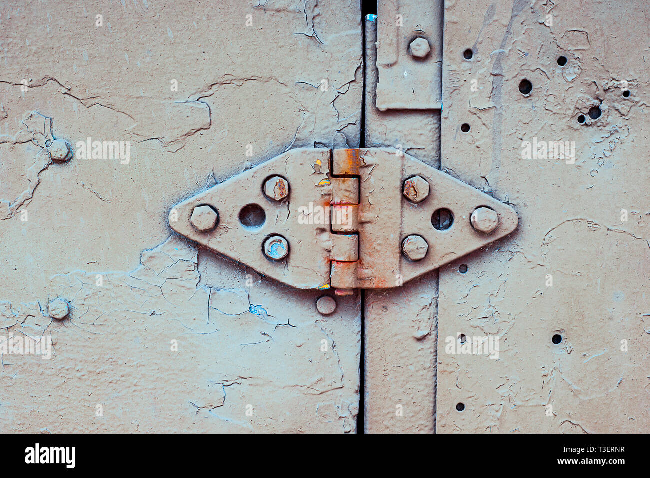 Door hinge between two part of white painted metal door with cracked