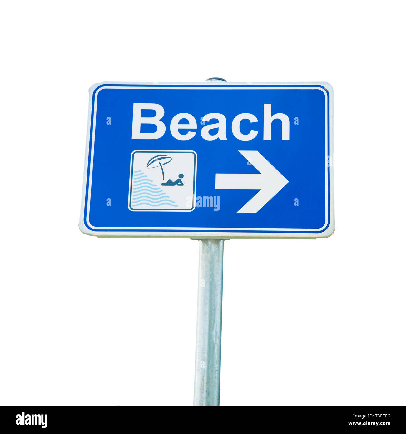 blue beach sign on metal post with pictogram and arrow on white background Stock Photo