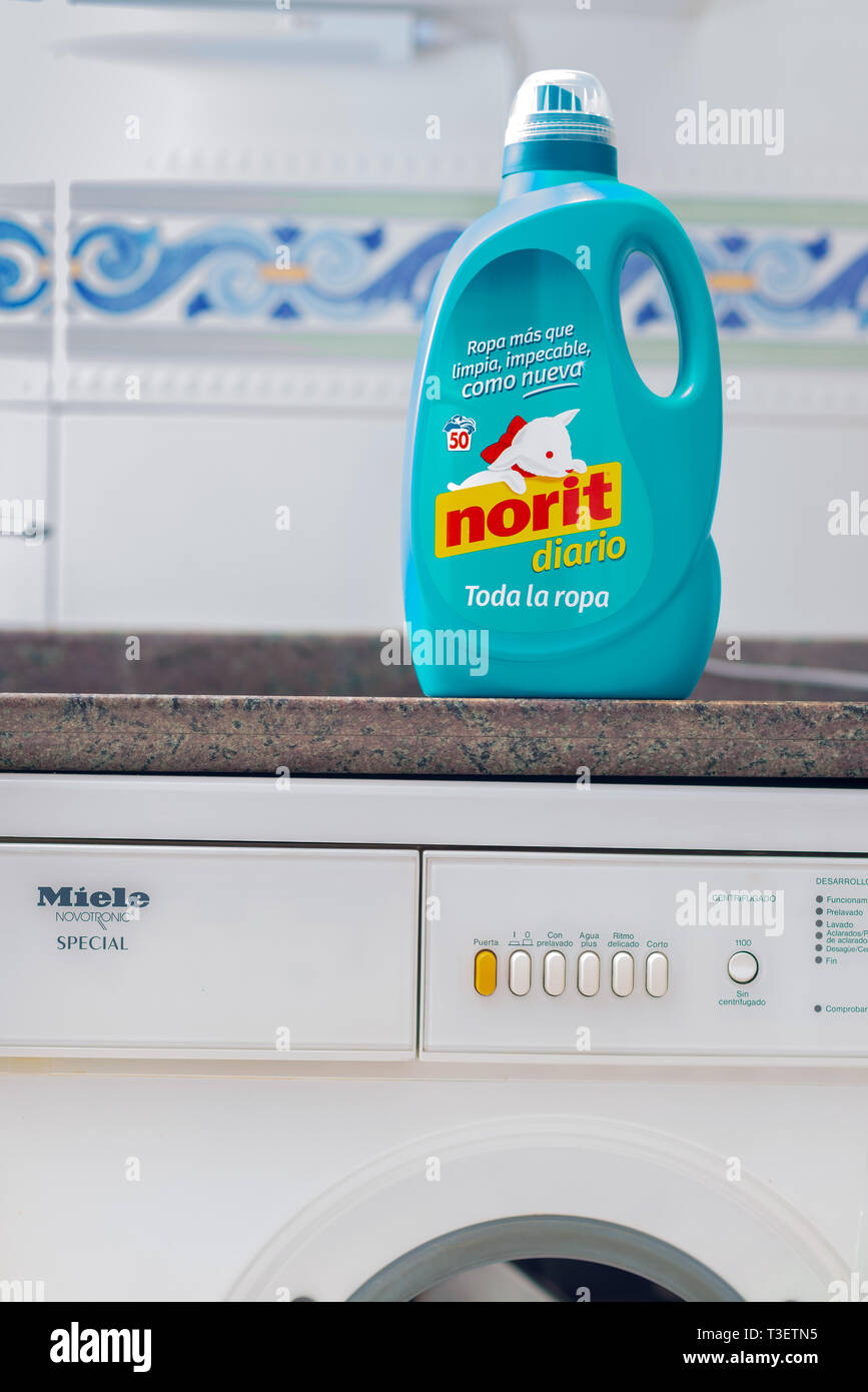 MADRID, SPAIN - APRIL 9, 2019: NORIT detergent bottle next to washing  machine. ILLUSTRATIVE EDITORIAL Stock Photo - Alamy