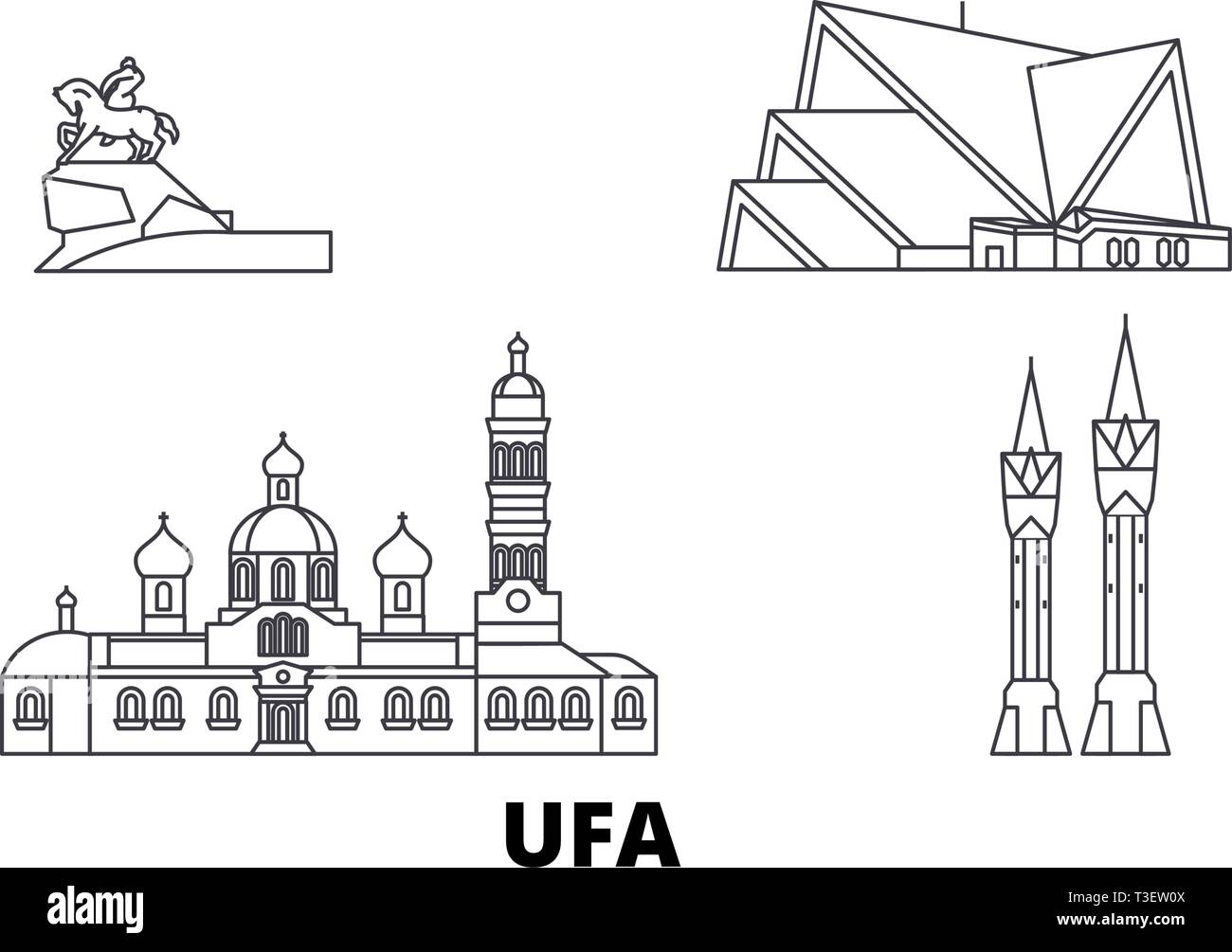 Russia, Ufa line travel skyline set. Russia, Ufa outline city vector illustration, symbol, travel sights, landmarks. Stock Vector