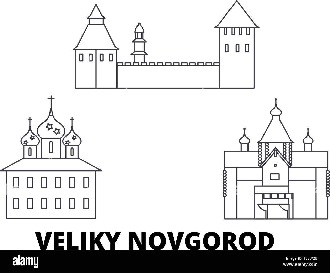 Russia, Veliki Novgorod line travel skyline set. Russia, Veliki Novgorod outline city vector illustration, symbol, travel sights, landmarks. Stock Vector