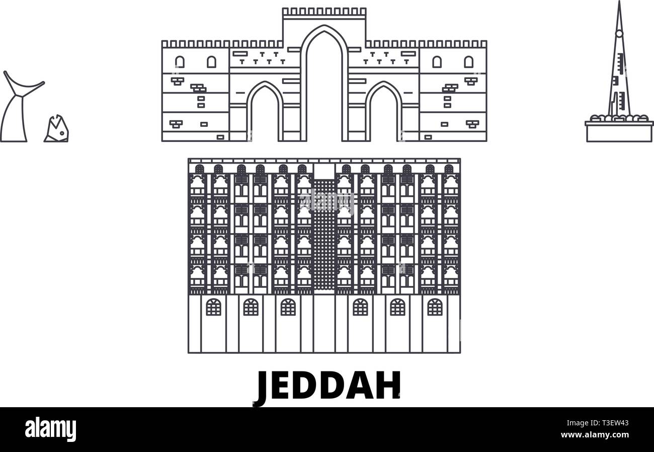 Saudi Arabia, Jeddah line travel skyline set. Saudi Arabia, Jeddah outline city vector illustration, symbol, travel sights, landmarks. Stock Vector