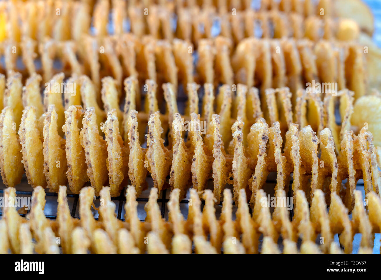 Unhealthy food, cooking potato chips, street food, a treat, frying fat