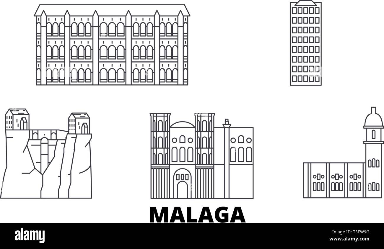 Spain, Malaga line travel skyline set. Spain, Malaga outline city vector illustration, symbol, travel sights, landmarks. Stock Vector