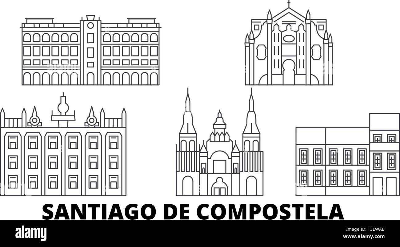 Spain, Santiago De Compostela line travel skyline set. Spain, Santiago De Compostela outline city vector illustration, symbol, travel sights Stock Vector