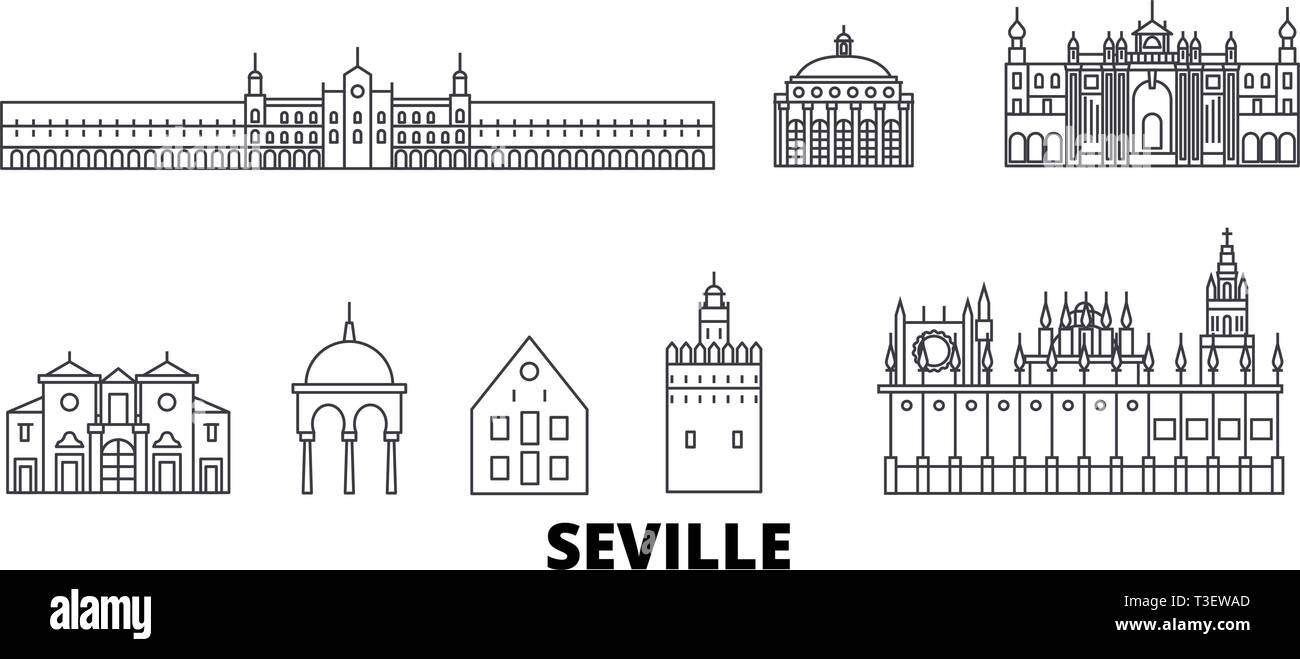 Spain, Seville line travel skyline set. Spain, Seville outline city vector illustration, symbol, travel sights, landmarks. Stock Vector