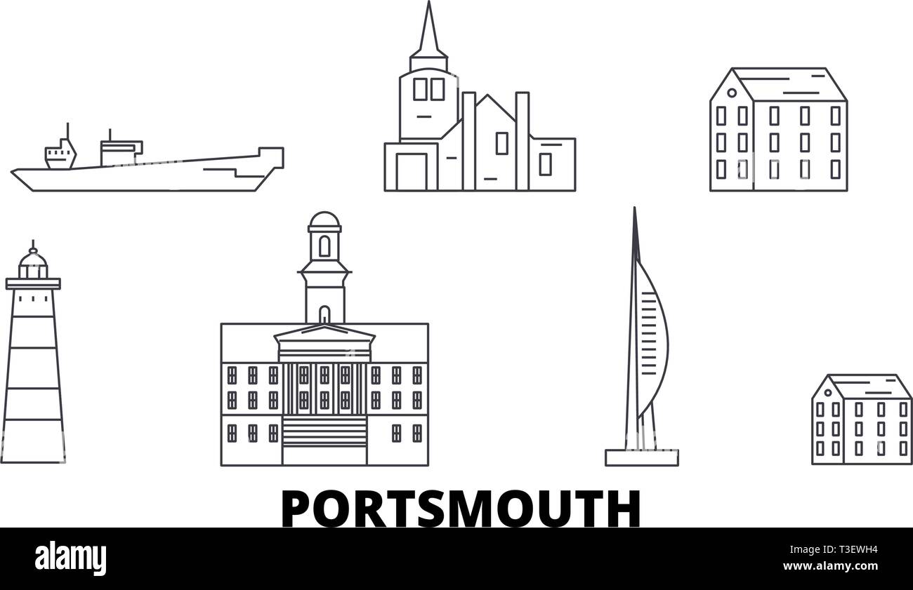 United Kingdom, Portsmouth line travel skyline set. United Kingdom, Portsmouth outline city vector illustration, symbol, travel sights, landmarks. Stock Vector