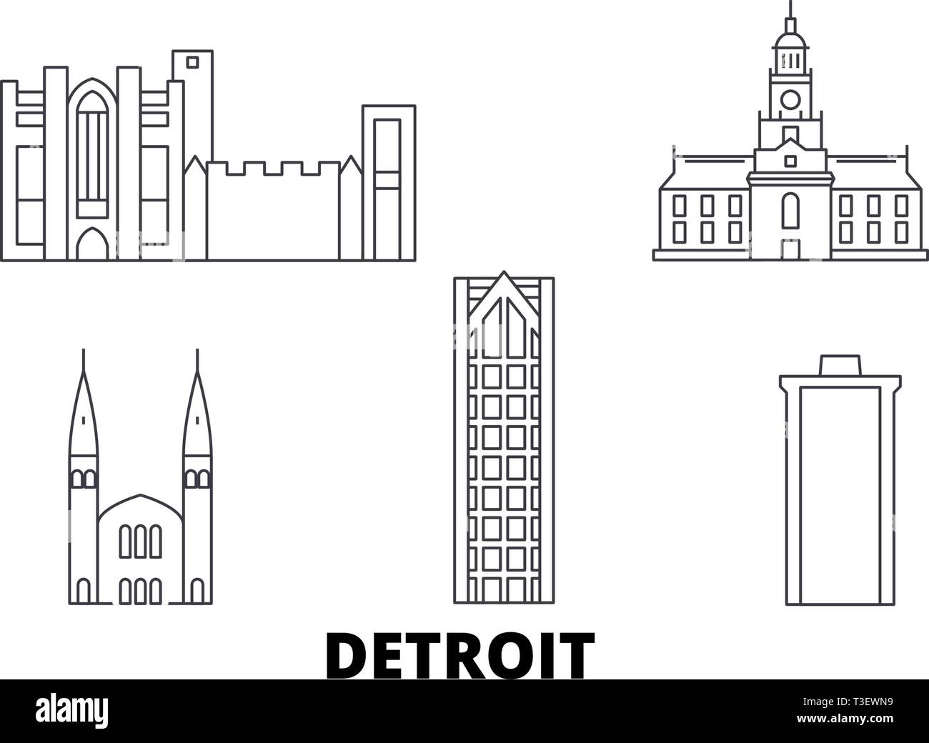 United States, Detroit line travel skyline set. United States, Detroit outline city vector illustration, symbol, travel sights, landmarks. Stock Vector