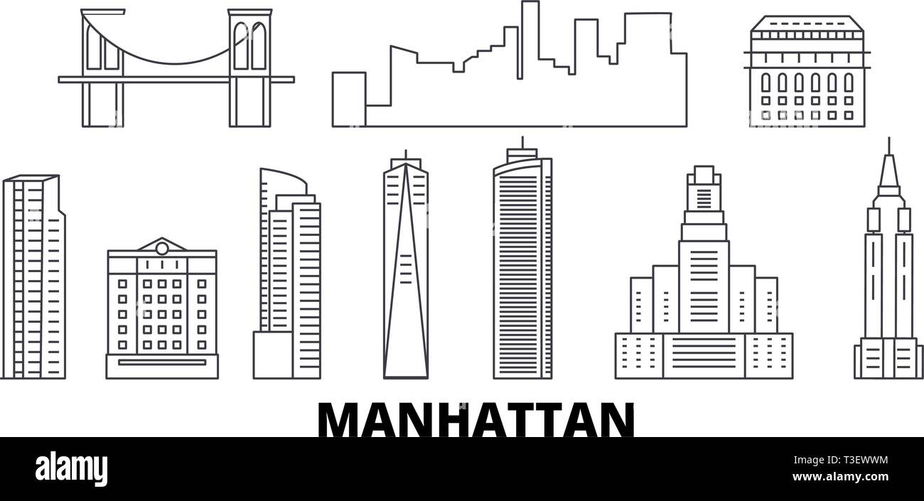 United States, New York Manhattan line travel skyline set. United States, New York Manhattan outline city vector illustration, symbol, travel sights Stock Vector