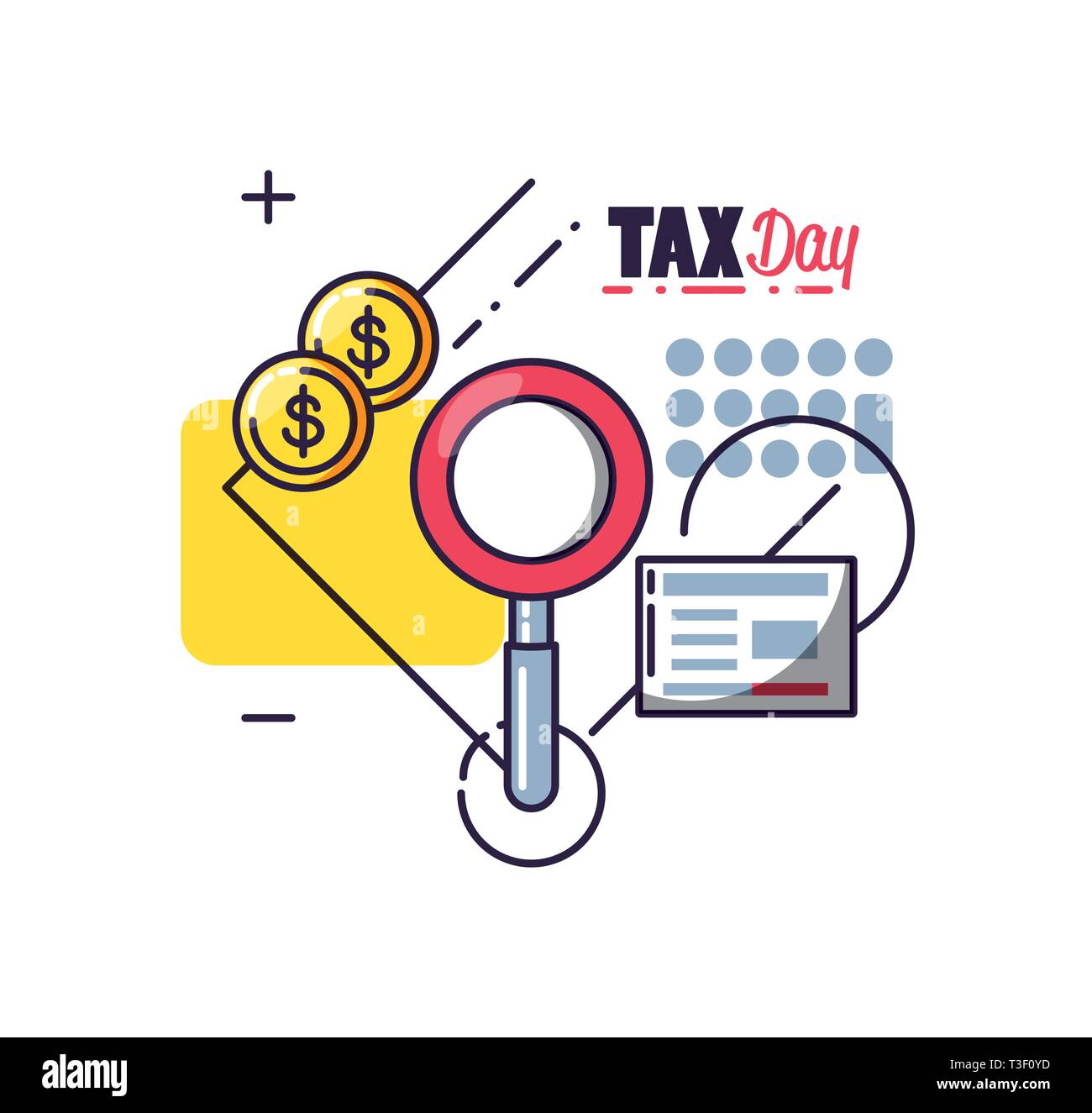 tax day with magnifying glass and set icons vector illustration design ...