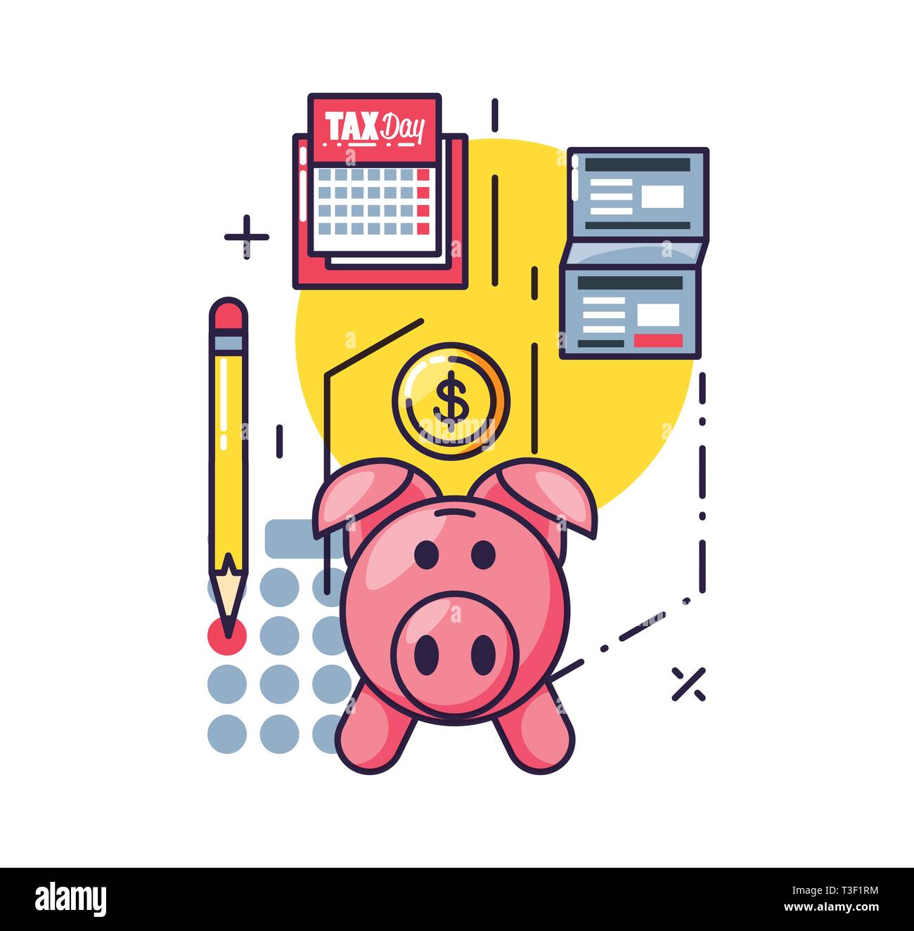 tax day with piggy bank and set icons vector illustration design Stock ...