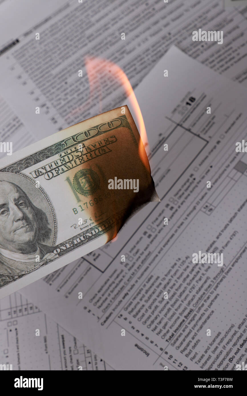 1065 tax form and a burning hundred dollar bill on a Table. US Return for parentship income Stock Photo