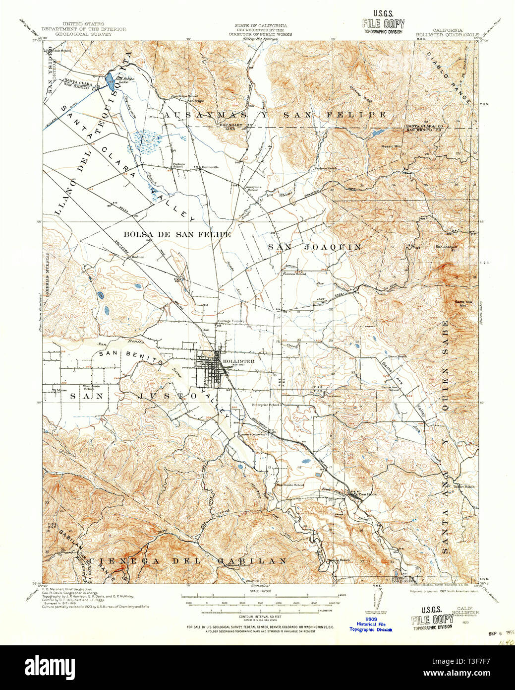 USGS TOPO Map California CA Hollister 297717 1923 62500 Restoration Stock Photo