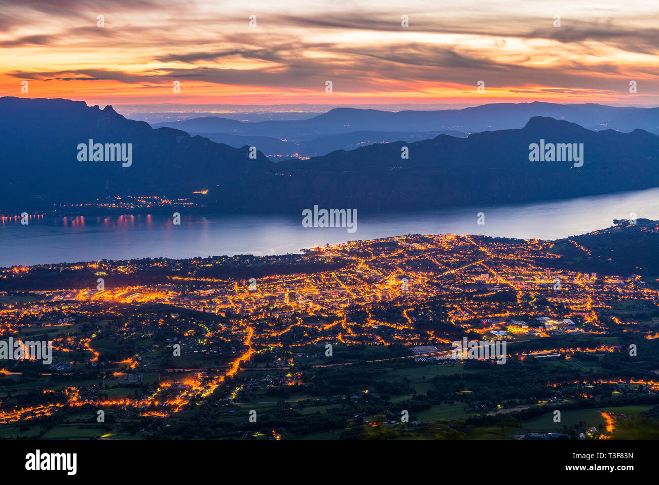 The town of Aix-les-Bains and Lake Bourget (eastern France) viewed at night  from the belvedere of Mont-Revard (1562m) in the heart of the Bauges Regio  Stock Photo - Alamy