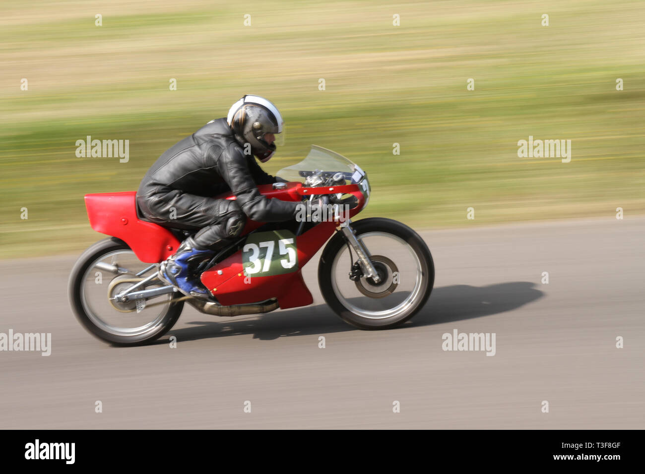 Chorley, Lancashire, UK. April, 2019. Hoghton Tower 43rd Motorcycle Sprint. Rider 375 Edward Elder from Barrow in Furness riding a 1979 175cc Rotax 175 Motorbike at speed. Stock Photo