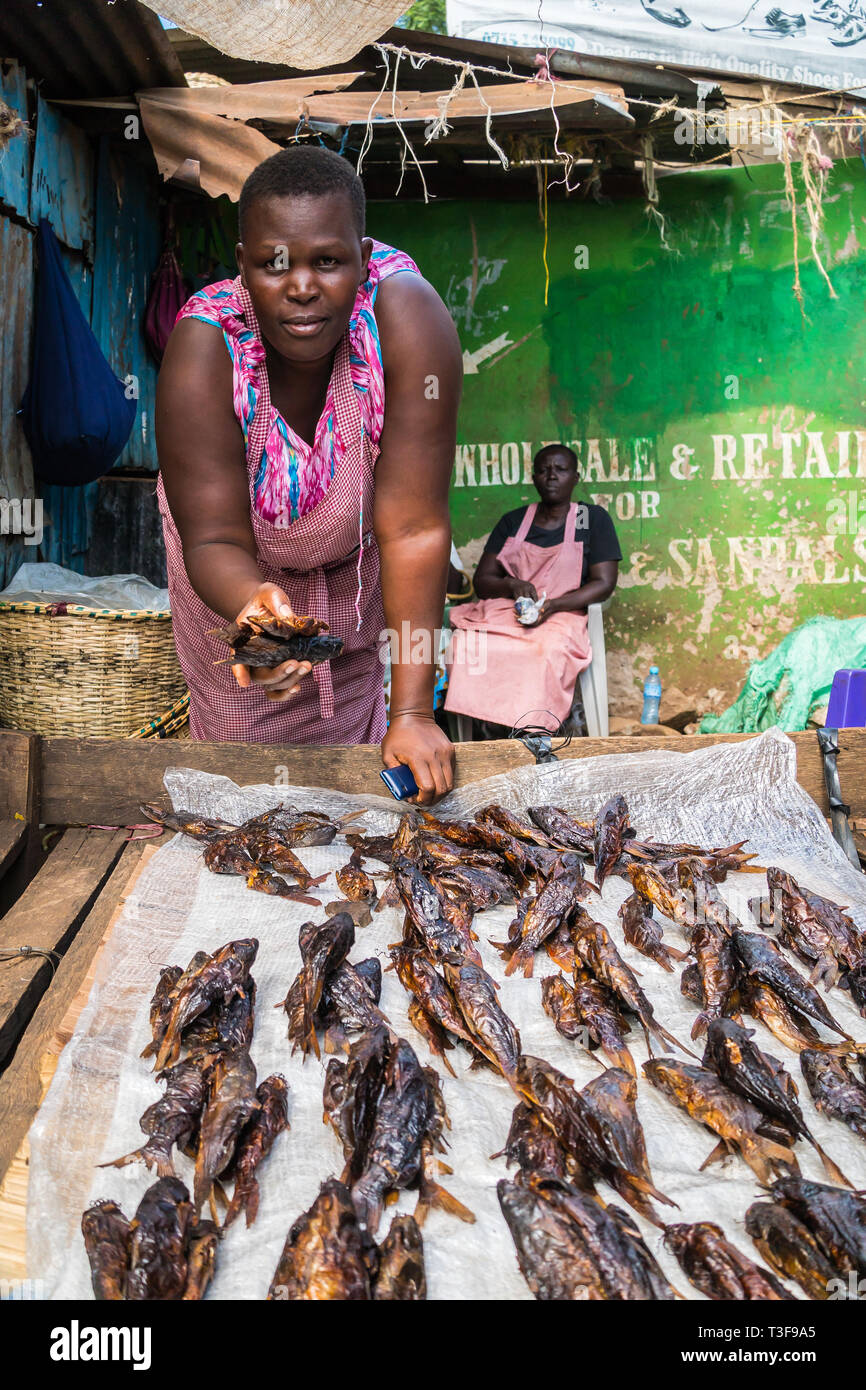 Kisumu, Kenya - March 8, 2019 - woman sells fish food at Kibuye market