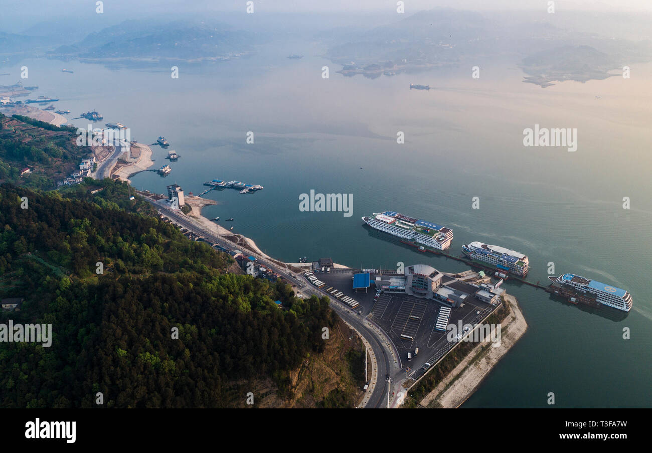 Beijing, China. 8th Apr, 2019. Aerial photo taken on April 8, 2019 shows the scenery of Zigui port, which is located at the upper reaches of the Three Gorges Dam, in Zigui county, central China's Hubei Province. Credit: Zheng Jiayu/Xinhua/Alamy Live News Stock Photo
