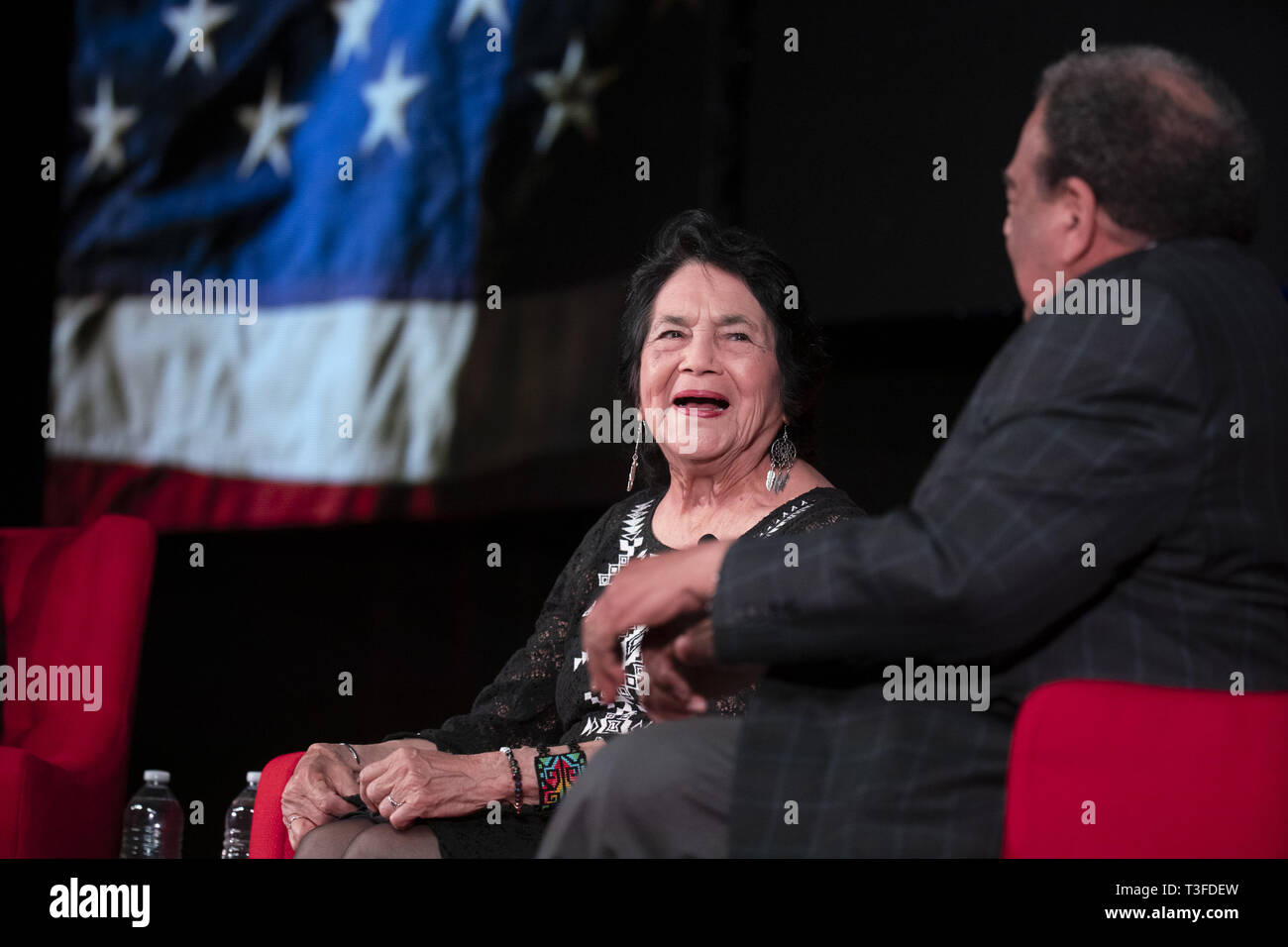 Austin, Texas, USA. 8th Apr, 2019. The LBJ Library's ''Summit on Race'' opens with a discussion of civil rights featuring farmworker activist Dolores Huerta and U.N. Ambassador and civil rights icon Andrew Young interviewed by LBJ Director Mark Updegrove. Huerta noted ''We haven't been able to even try to eliminate racism'' in the U.S. Credit: Bob Daemmrich/ZUMA Wire/Alamy Live News Stock Photo