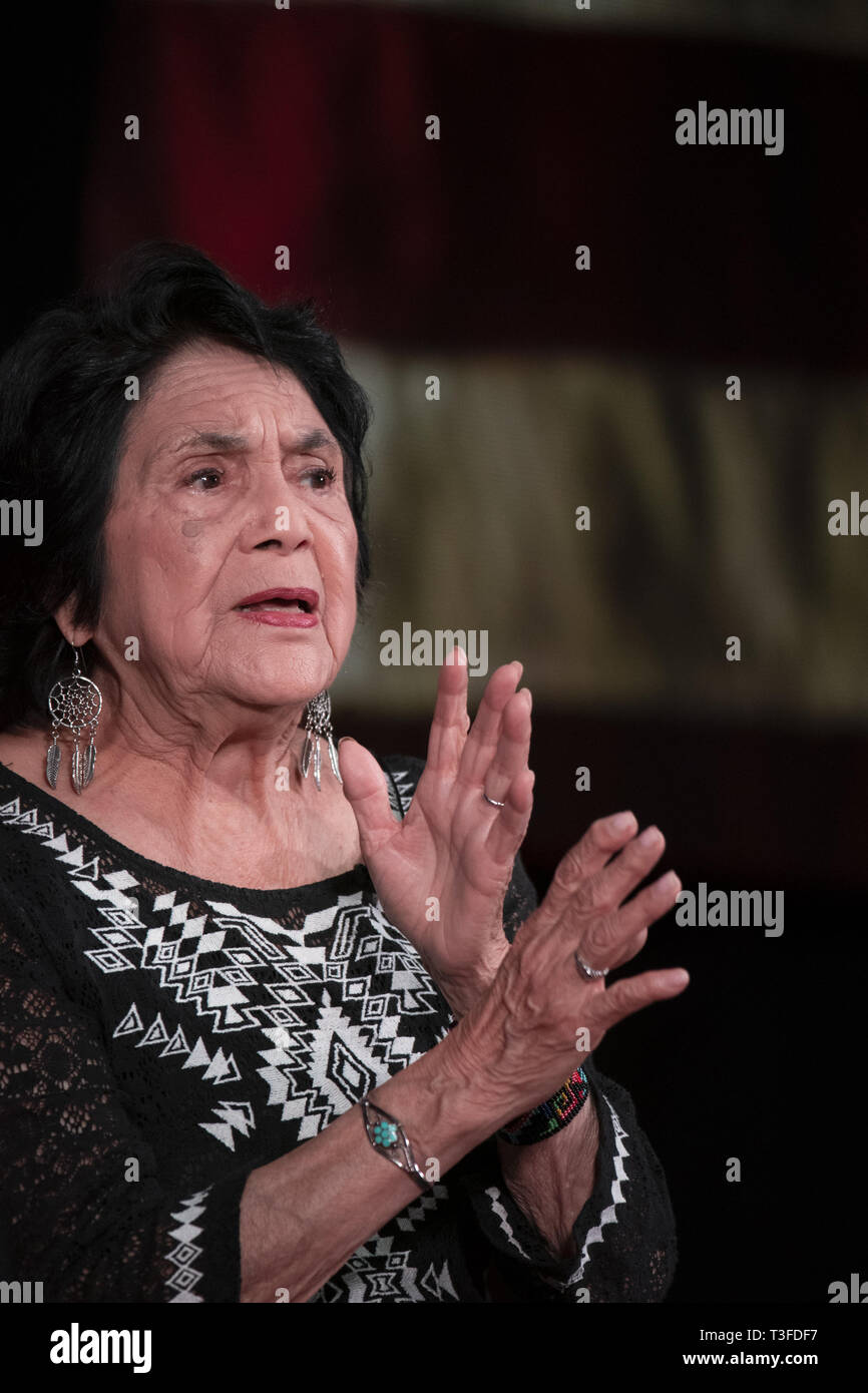 Austin, Texas, USA. 8th Apr, 2019. The LBJ Library's ''Summit on Race'' opens with a discussion of civil rights featuring farmworker activist Dolores Huerta and U.N. Ambassador and civil rights icon Andrew Young interviewed by LBJ Director Mark Updegrove. Huerta noted ''We haven't been able to even try to eliminate racism'' in the U.S. Credit: Bob Daemmrich/ZUMA Wire/Alamy Live News Stock Photo