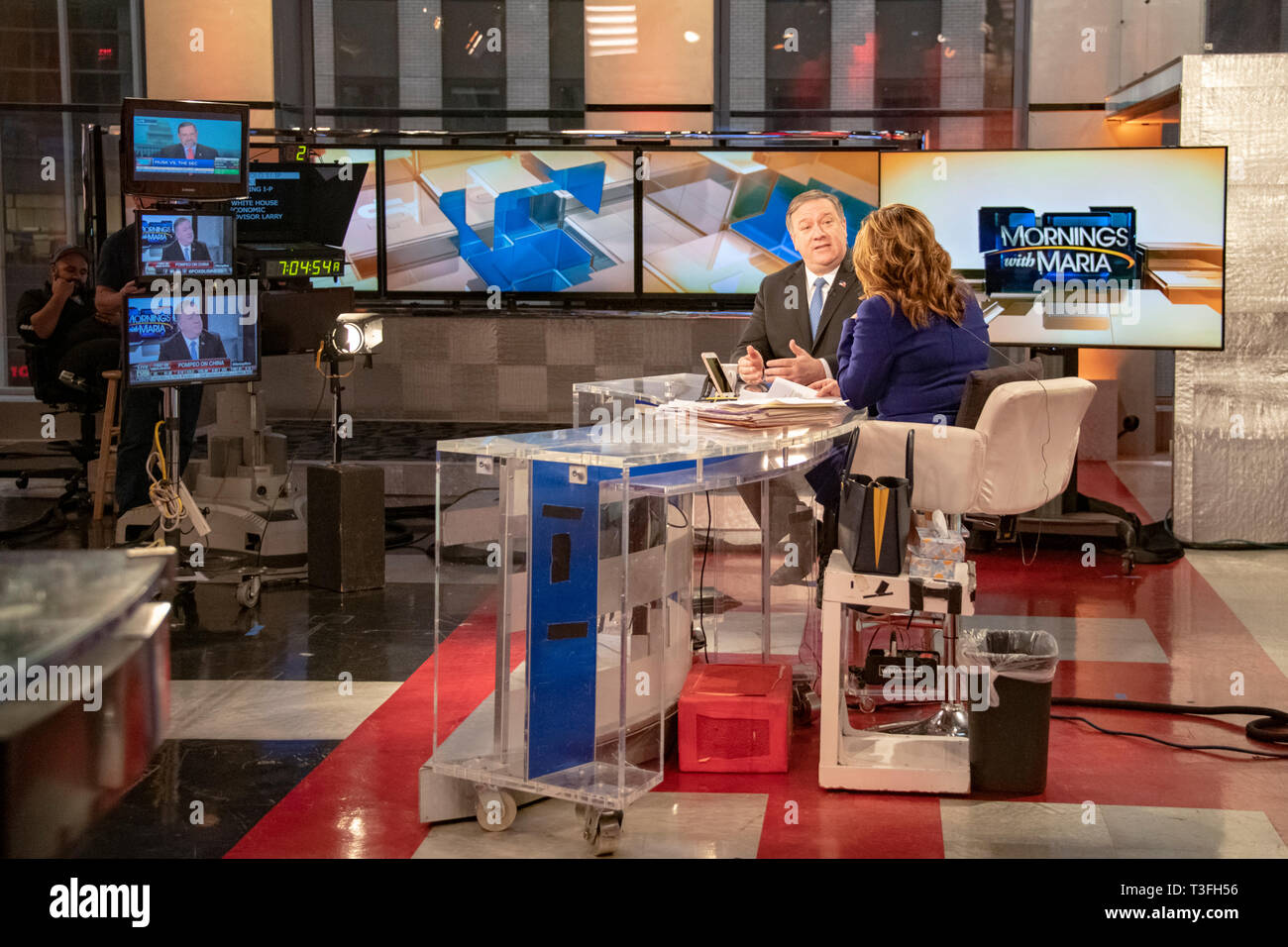 U.S. Secretary of State Mike Pompeo, left, during a television interview with Maria Bartiromo on FOX Business Network Morning with Maria talk show April 5, 2019 in New York City, NY. Stock Photo