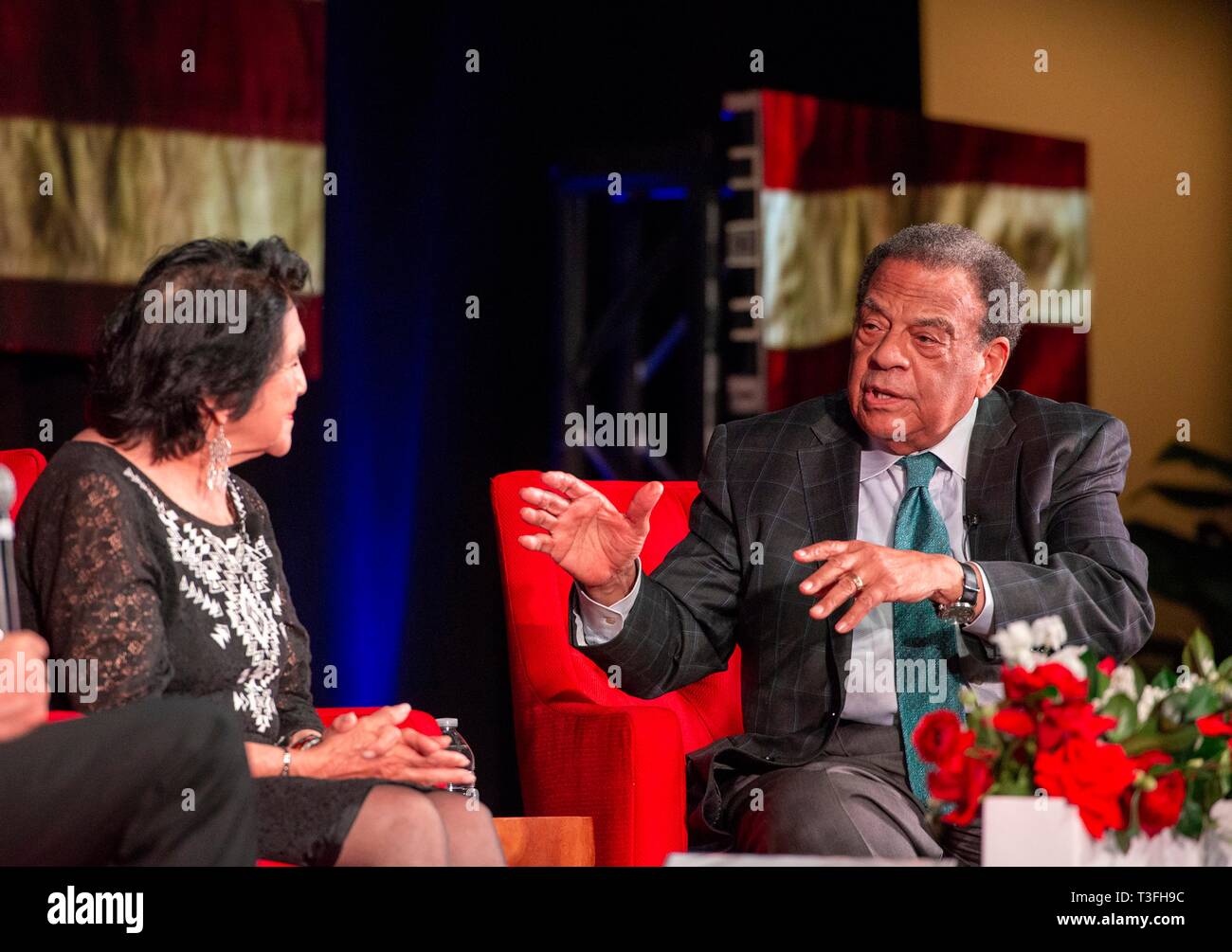 Texas, USA. 08th Apr, 2019. Longtime civil rights leaders Dolores Huerta, left, and Andrew Young, right, discuss social justice efforts during the Summit on Race in America at the LBJ Presidential Library April 8, 2019 in Austin, Texas. Huerta, a Presidential Medal of Freedom recipient, co-founded the United Farm Workers of America with Cesar Chavez in the 1960s and has spent decades advocating for laborers, women, and children. Young, a key lieutenant to Martin Luther King, Jr. in the civil rights movement of the 1960s, has served as mayor of Atlanta, U.S. congressman from Georgia, and U.S. A Stock Photo