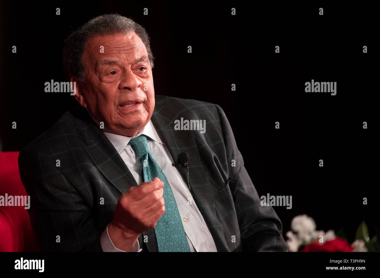 Texas, USA. 08th Apr, 2019. Longtime civil rights leader Amb. Andrew Young discuss social justice efforts during the Summit on Race in America at the LBJ Presidential Library April 8, 2019 in Austin, Texas. Young, a key lieutenant to Martin Luther King, Jr. in the civil rights movement of the 1960s, has served as mayor of Atlanta, U.S. congressman from Georgia, and U.S. Ambassador to the United Nations. Credit: Planetpix/Alamy Live News Stock Photo
