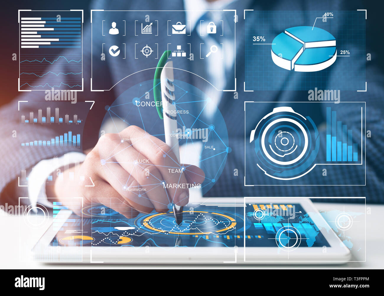 Digital tablet and financial graph with social network diagram and man ...