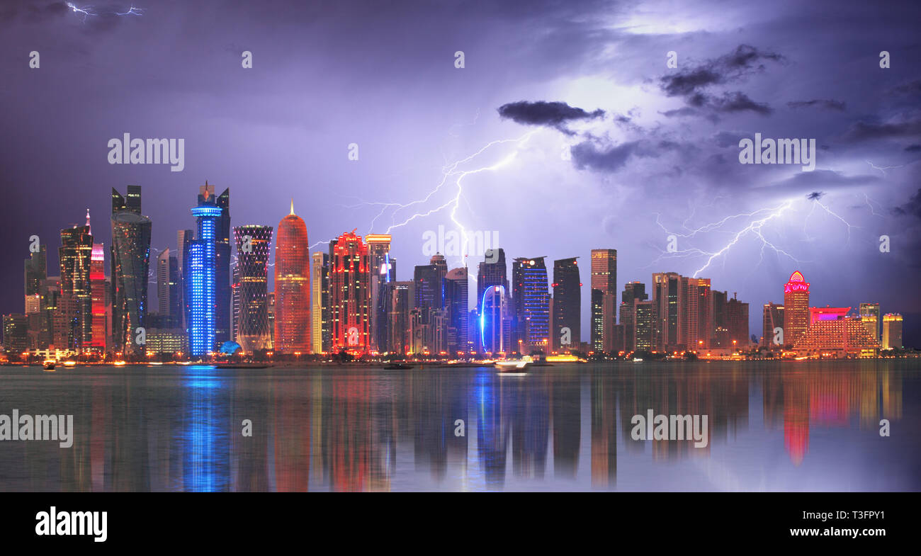 Doha at storm with lightning bolt, Qatar Stock Photo