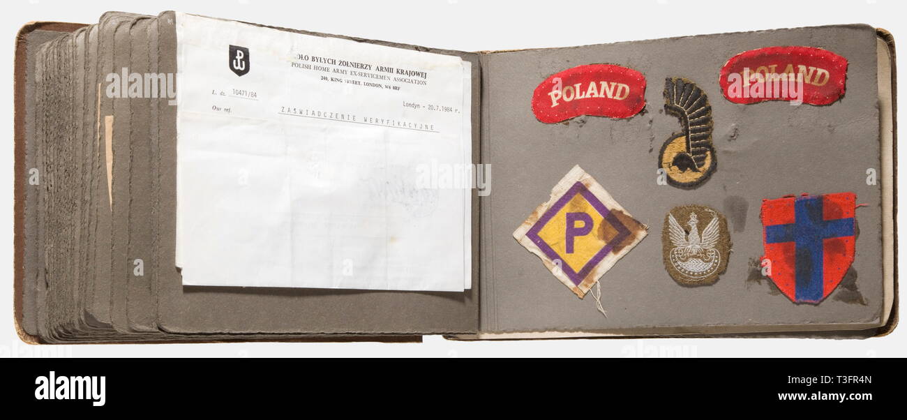 Photographs, documents, and effects, from the 1944 Warsaw Uprising 48 page album, Dimension 20 x 30 cm, with original photographs, identity cards, documents, newspaper sections, miniature medals, and unit insignia from the period of the 1944 Warsaw Uprising . Among other things, it includes: Service identity card for the Armia Krajowa with Radwan's signature and a metal badge, 29 photographs of Warsaw, some showing the fighting there, two banknotes, a travel pass, an arm band for the 'WP' (Wojsko Polskie = Polish Army), identity card for allied units, hec, No-Exclusive-Use | Editorial-Use-Only Stock Photo