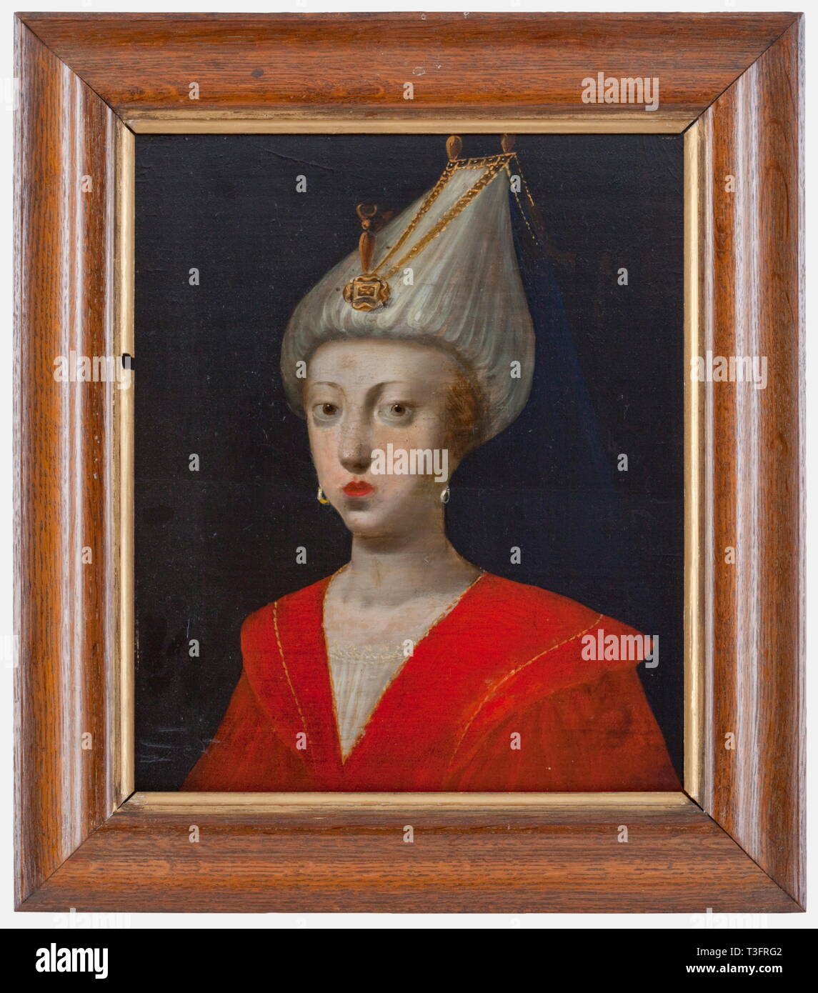 A portrait of Roxelane, Germany or France, 18th century Oil on oak wood. Bust portrait of a young, strawberry blonde woman with Turkish harem dress and gold jewellery. Panel of the painting broken in the middle, restored. Later oak wood frame. Dimensions of the painting 31 x 26 cm, framed dimensions 40 x 35 cm. Roxelane was a young, Polish girl that was kidnapped by the Crimean Tartars and sold to Istanbul as a slave for the harem of the old seraglio. As the first slave concubine ever she was released to freedom by the sultan and became the power, Additional-Rights-Clearance-Info-Not-Available Stock Photo
