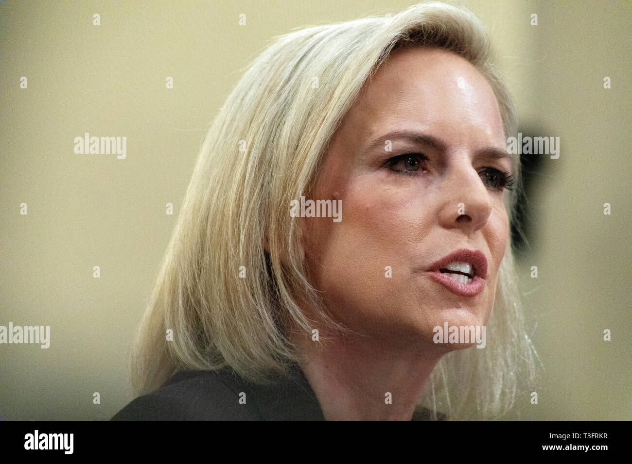 Secretary of Homeland Security, Kirstjen Nielsen, testifies before the House Homeland Security Committee in March 2019. A tweet from US President Donald J. Trump announced her abrupt resignation on Sunday April 7th 2019, two days after Trump visited the US- Mexico border and promising to get tougher on immigration. Stock Photo