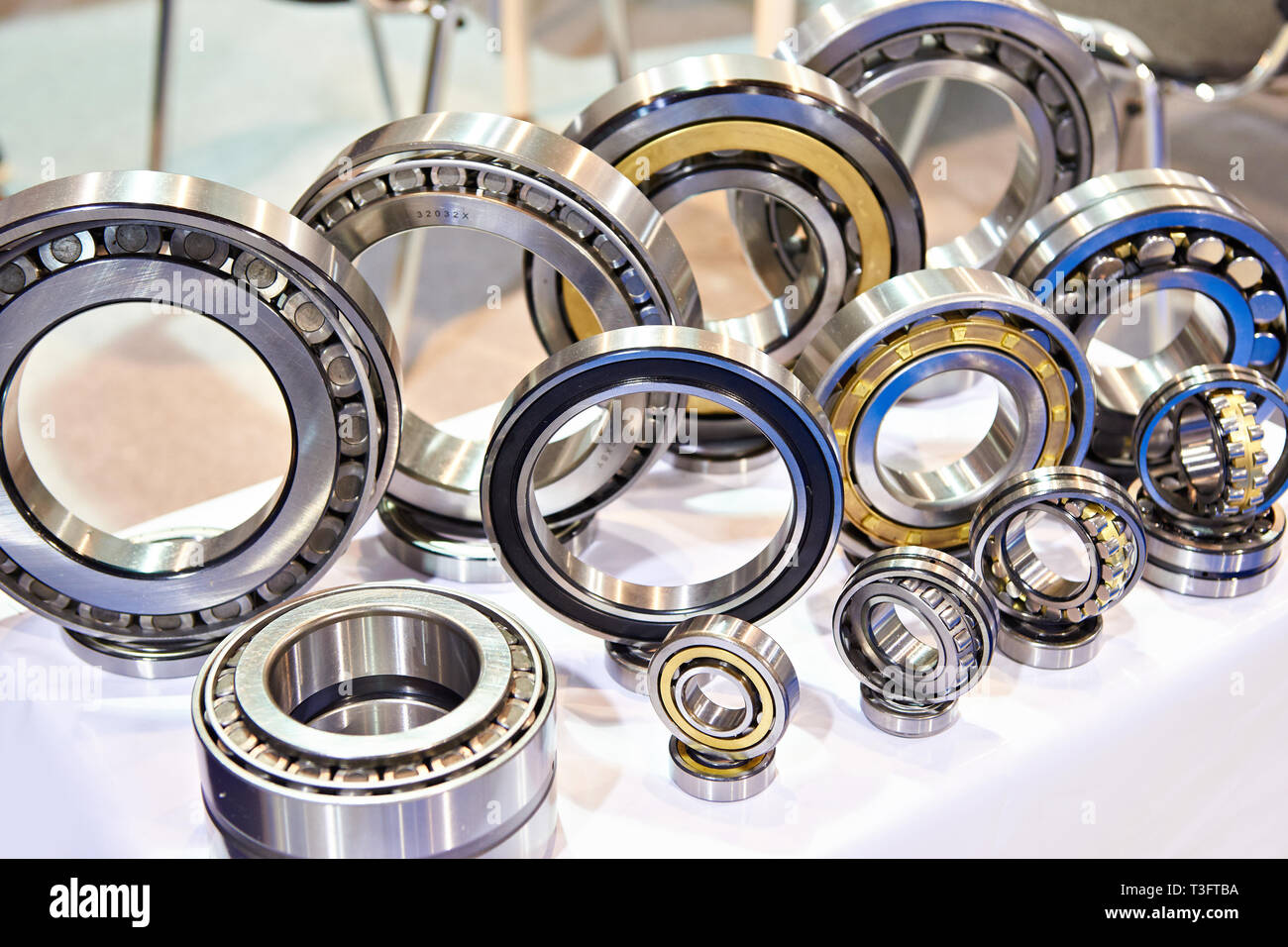 Bearings of different sizes in the showcase of the exhibition Stock