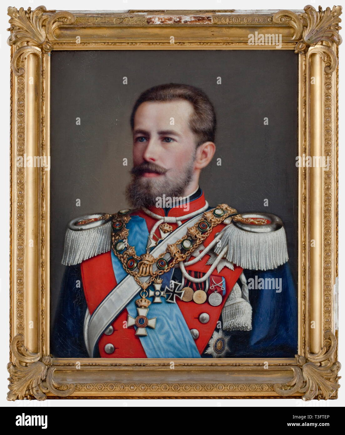 Duke Wilhelm Eugen von Württemberg (1846 - 1877), a portrait painting in uniform Oil on Canvas 52 x 65 cm. Unsigned. Damaged plaster frame. The Duke is wearing a uniform for a Uhlan staff officer with the collar of the Oldenburg House and Service Order, the Star of the Order of the Black Eagle, and the Knight’s Cross of the Württemberg Military Merit Order and the Schaumburg-Lippe Military Merit Medal with Sabres on the medal bar next to the Iron Cross 1870. Very high quality portrait. Duke Wilhelm Eugen was married to Duchess Wera (1854 - 1912)., Additional-Rights-Clearance-Info-Not-Available Stock Photo