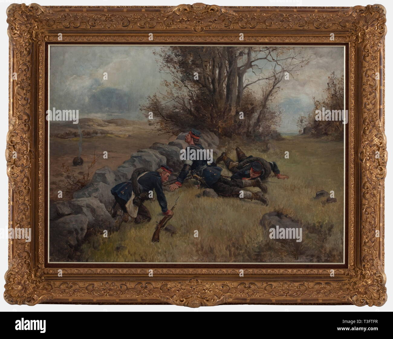 The Unexploded Shell A Scene From The German Danish War 1864 Circa 1900 Oil On Canvas Dimensions 80 X 60 Cm Unsigned Plaster Frame With Gold Leaf Three Infantrymen From The 56th Infantry