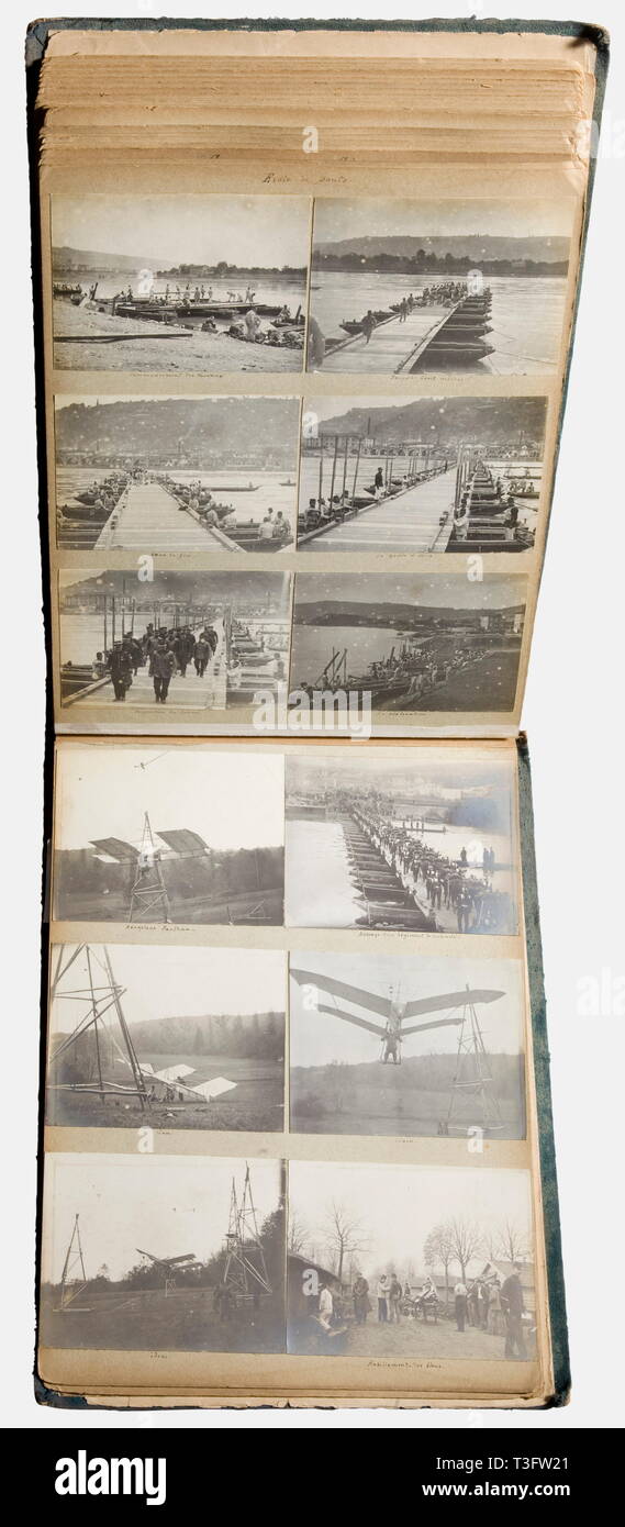 A photo album, of a sapper of the 25th Bataillon Aérostier de Chalais-Chaumont An album with 175 photographs of the daily life of the airship troop: at manoeuvre, at the installation of the aircraft, views of the repair shop and the campaign material in Camp de Chalais-Chaumont, loading of the material for the China campaign 1900, photos of the airborne balloons, accident of the 'Le Jaune', photos of the balloons 'La France', 'Le Jaune', 'Lebaudy', 'Le Hoche', '170A'. Rare photos of the aviation pioneer Louis Paulhan (1883 - 1963), who did his mi, Additional-Rights-Clearance-Info-Not-Available Stock Photo