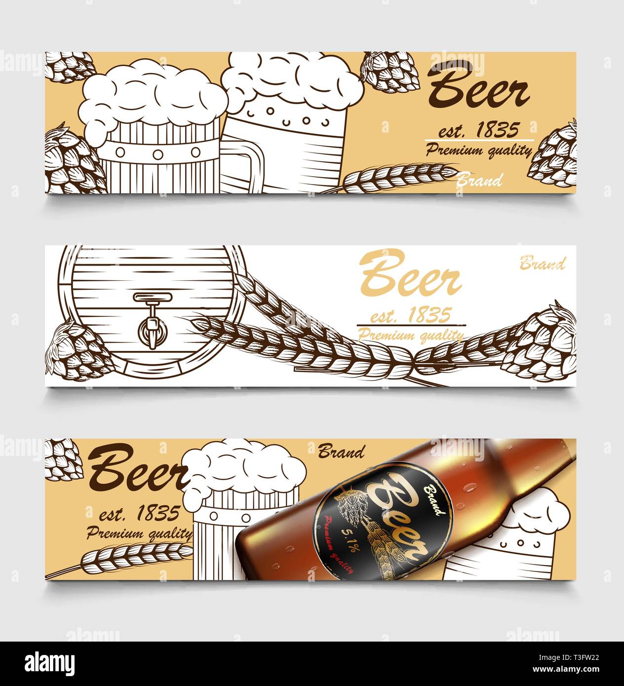 Set of cartoon banners with beer glasses, bottle and hops. Beer brewery vintage banner design. Sketch poster of alcohol beverage. Vector illustration. Stock Vector