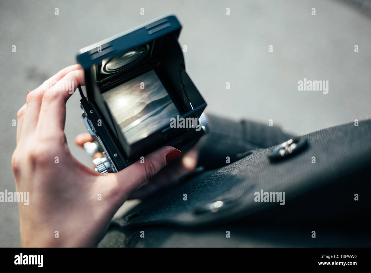 View through vintage camera viewfinder Stock Photo Alamy