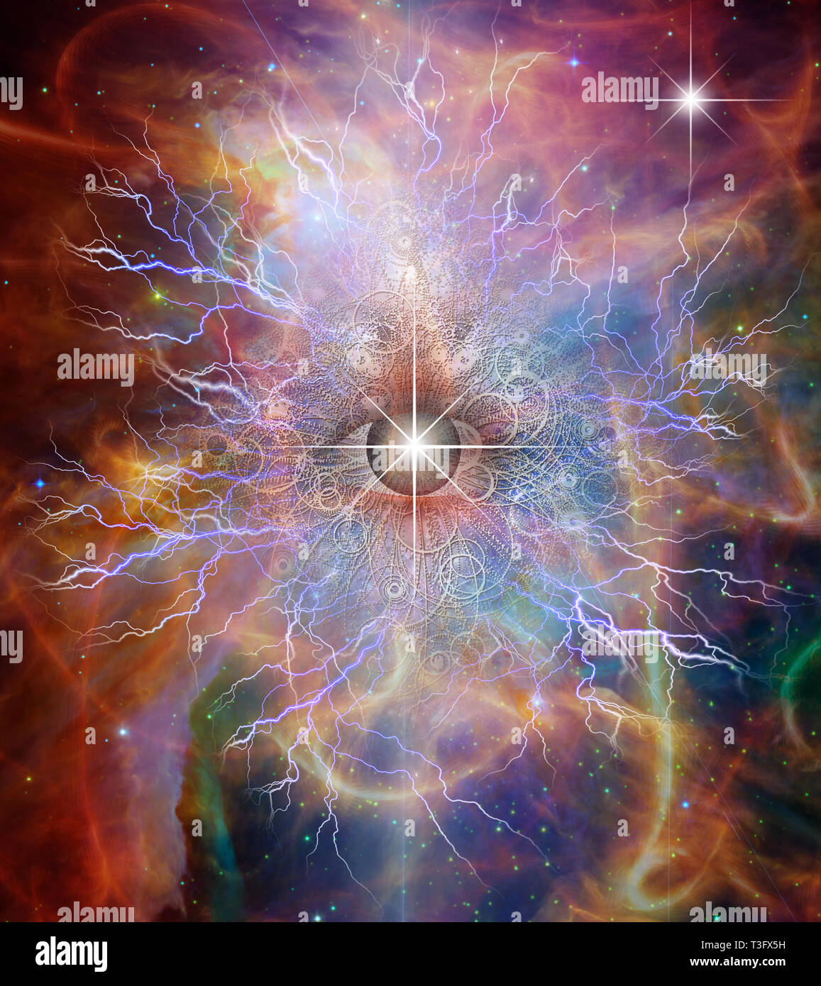 Surrealism. Eye of God in vivid colorful universe. Stock Photo