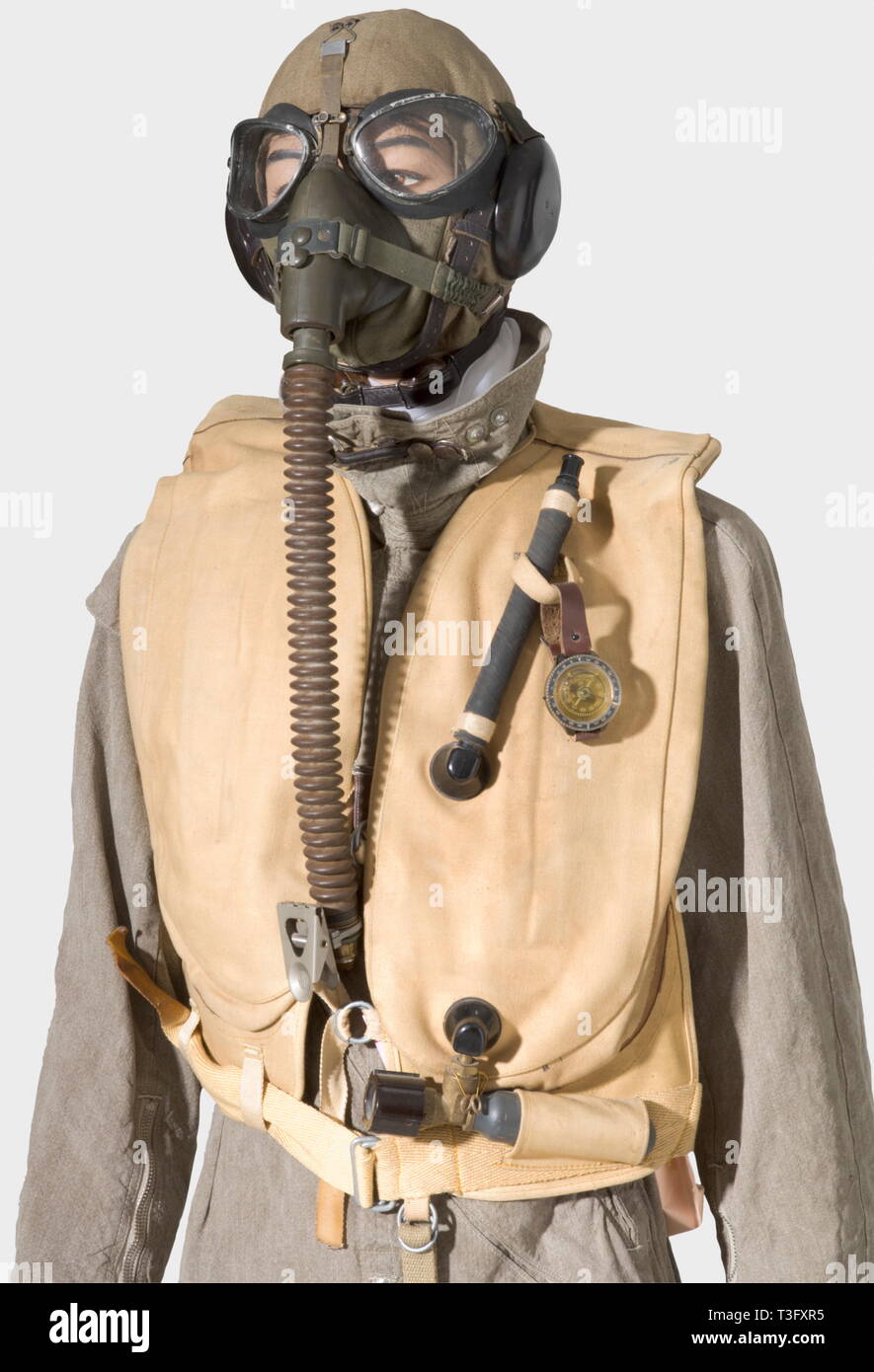 A pilot's uniform ensemble, during the aerial bombing of England, 1940 - 44 A pilot's helmet of sand-coloured linen with brown leather pieces in the very rare early version with the throat microphone on the side, type Siemens Lkp 100, Fl 31216, complete with cable and connector plug. Summer flying suit of sand-coloured linen ('Prym' buttons, 'Zipp' or Rheinnädel' zippers, repairs in places). Pilot's white silk scarf. Dark leather, fur-lined flying boots, early model with two zippers (repaired in places). Long, brown leather, pilot's historic, historical, people, 1930s, 20th, Editorial-Use-Only Stock Photo