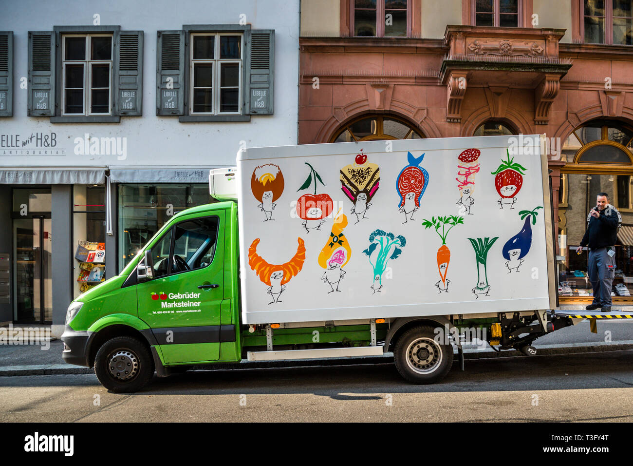 Decorated delivery truck in Basel, Switzerland Stock Photo