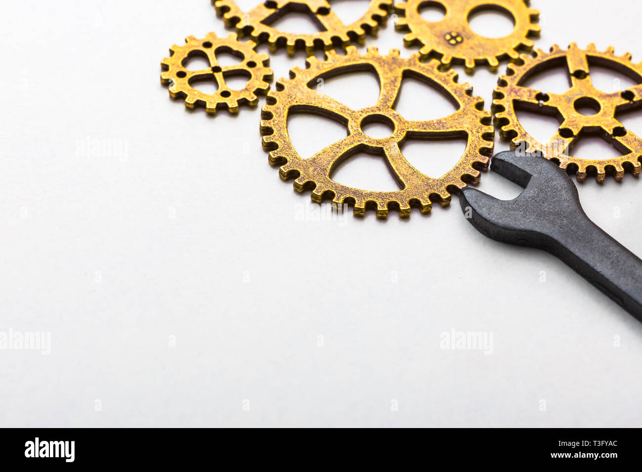 Top closeup view of gear wheel on white background with blank space for text. Top view, flat lay. Stock Photo