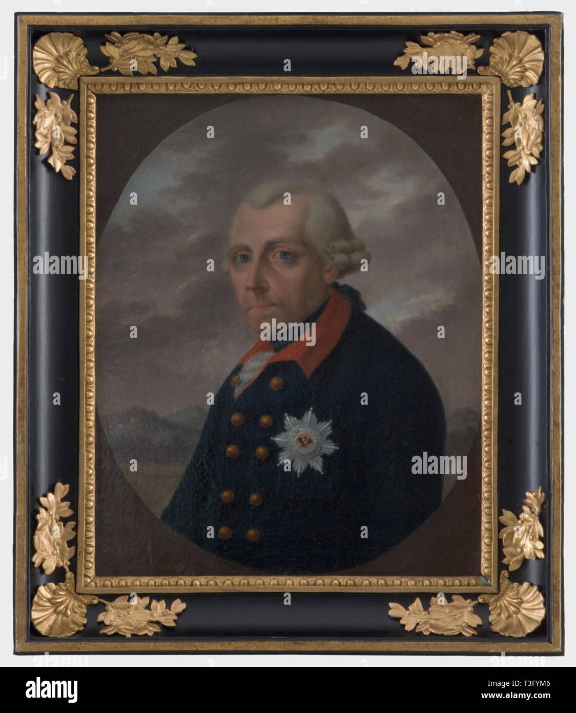 Frederic the Great (1712 - 1786), a portrait painting, circa 1780 Half portrait in the style of the portraits by Anton Graff, 1781. The King is wearing a plain blue uniform with red collar and the Star of the Order of the Black Eagle in front of an idealised mountain landscape. Oil on canvas. Picture dimensions 39 x 48 cm. Unsigned. In a heavily restored old frame, 53 x 62 cm. people, 18th century, Prussian, Prussia, German, Germany, militaria, military, object, objects, stills, clipping, clippings, cut out, cut-out, cut-outs, man, men, male, Additional-Rights-Clearance-Info-Not-Available Stock Photo