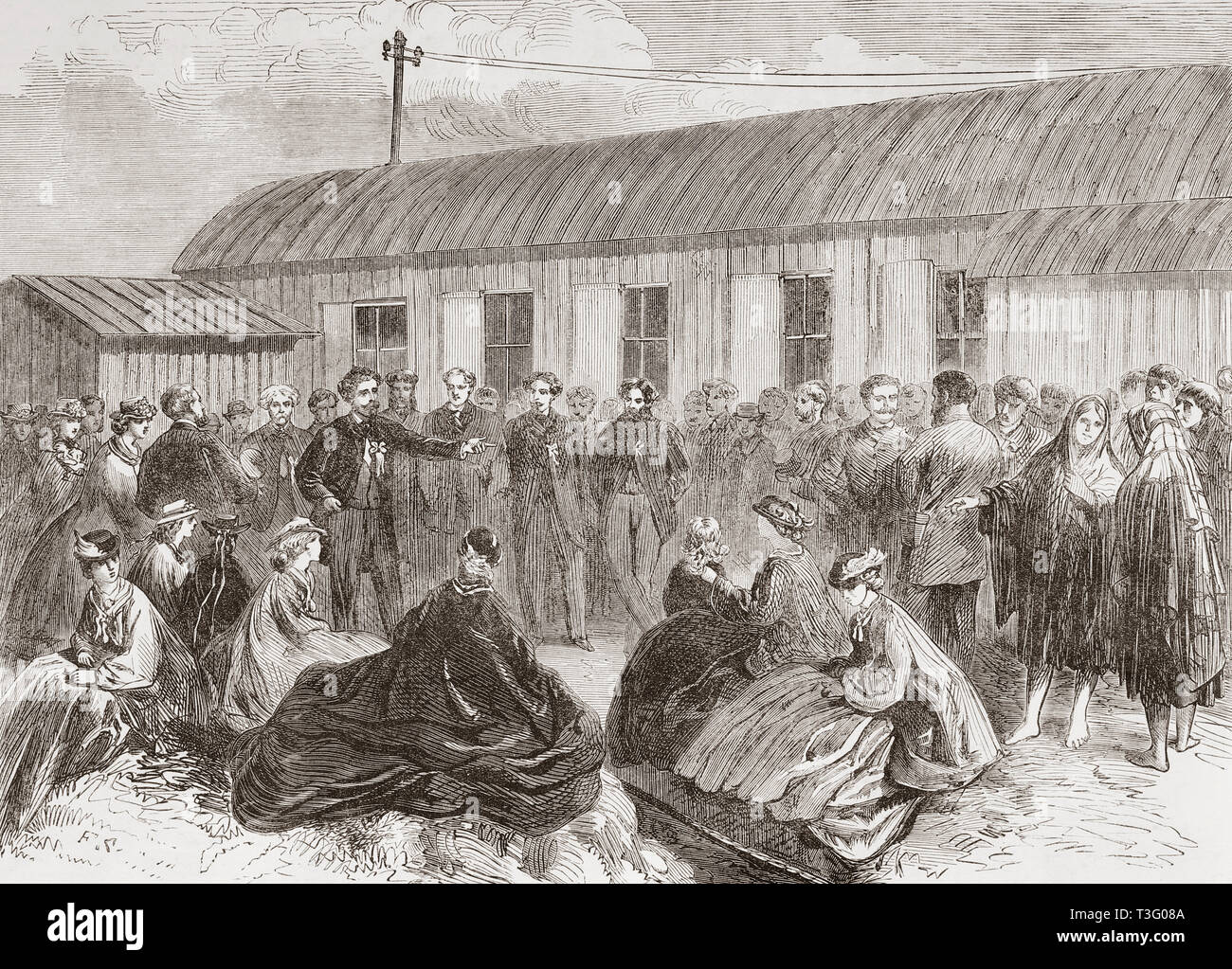 The laying of the Atlantic Telegraph Cable.  Sir Robert Peel addressing the bystanders after connecting the shore end of the cable with the telegraph house at Foilhommerum Bay, Valentia Island, Ireland.  From The Illustrated London News, published 1865. Stock Photo