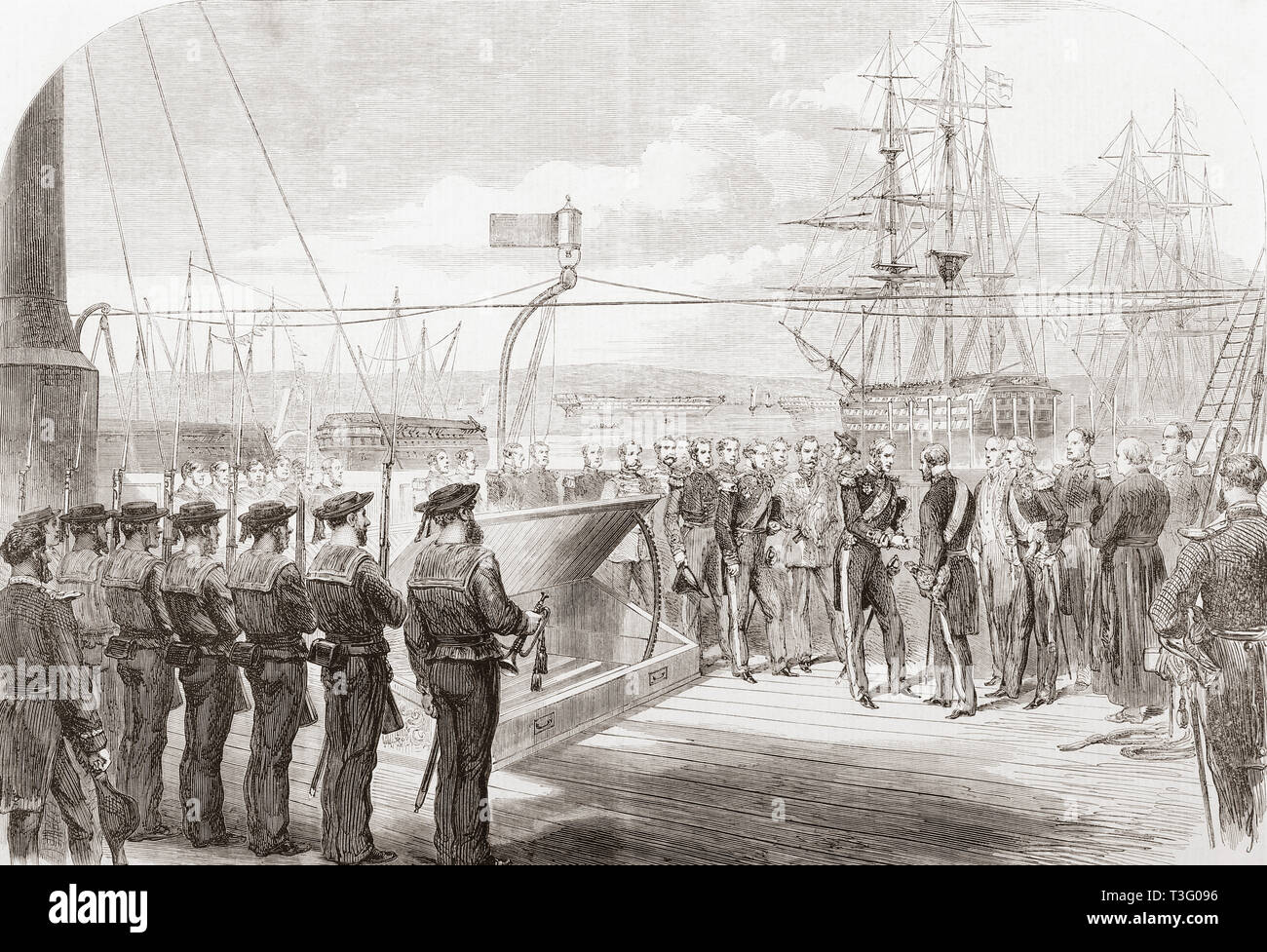 The International Naval Festival at Portsmouth, England, 1865. The French Naval Minister receiving Admiral of the Fleet, Sir Edward Hobart Seymour on board the French Imperial yacht Reine Hortense, 1865. From The Illustrated London News, published 1865. Stock Photo