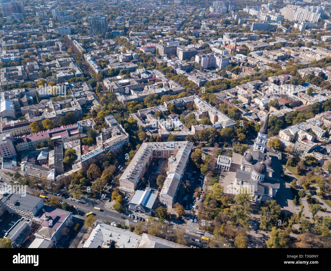 View on Spaso-Preobrazhensky Cathedral, the flower gallery of the house and the road with cars. Ukraine, Odessa. Aerial view from the drone. Stock Photo