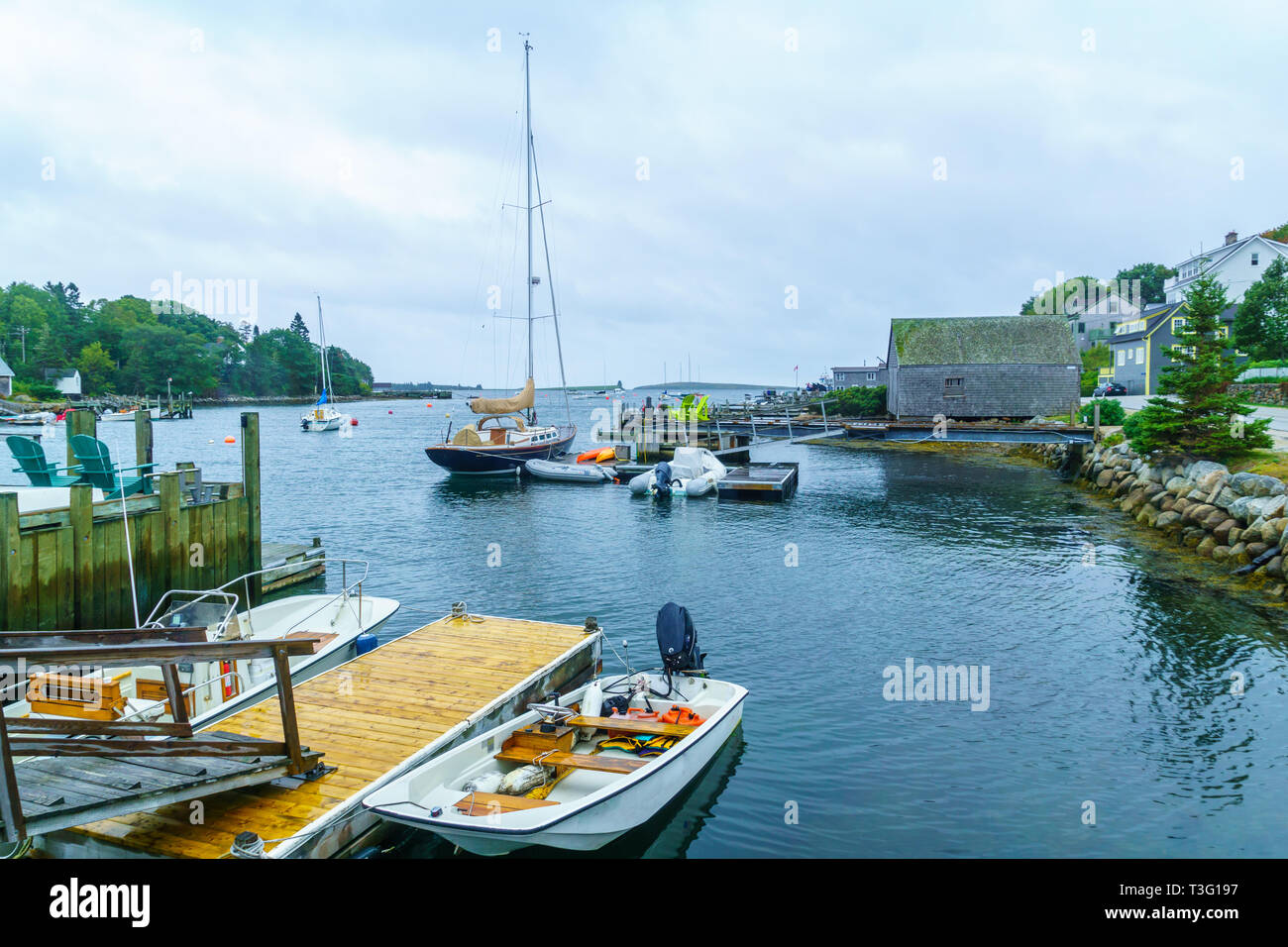 View of bay, boats and houses in Chester, Nova Scotia, Canada Stock Photo