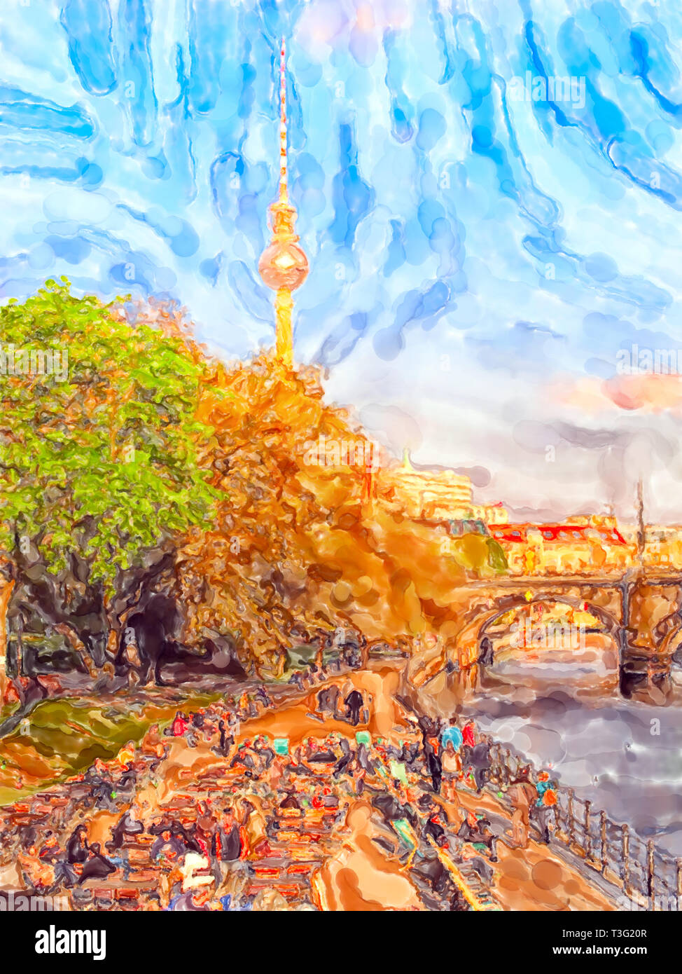Illustration of Berlin riverside of Monbijou Park at Spree river. In background TV tower. Stock Photo